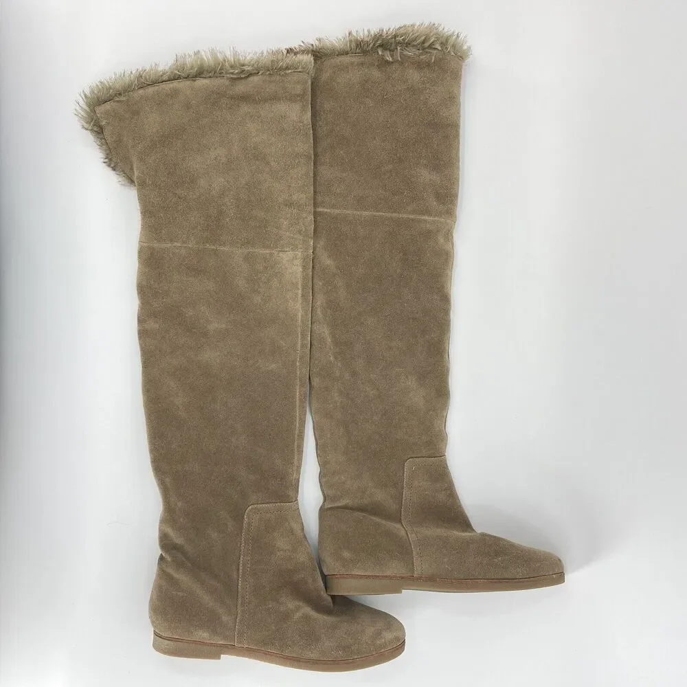 Sam Edelman Size 7 Orlando Over The Knee Boots Tan Taupe Suede Faux Fur Cuff